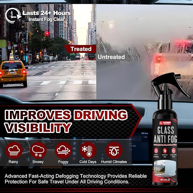 Anti Fog Spray for Glass & Windshield Defogger – 24H Long Lasting Prevention for Car, Mirrors, Windows, Goggles, Shower Door – Streak-Free & Instant Clear with Microfiber Towel, 120ml/4oz