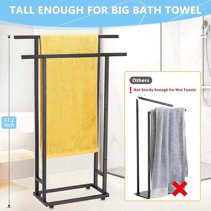 Standing Towel Racks for Bathroom, 2 Tier Bathroom Floor Free Standing Towel Rack, Tall Enough Pool Bath Drying and Dispaly Outdoor Stand for Storage, Black Freestanding Blanket Holder, ALHAKIN