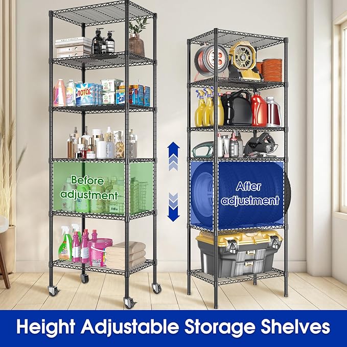2 Pack Rolling 6-Tier Storage Shelves with Wheels, Heavy Duty Wire Shelving Rack Capacity 750 lbs, 14" D x 24" W x 71" H Adjustable Metal Shelving for Garage, Closet, Kitchen