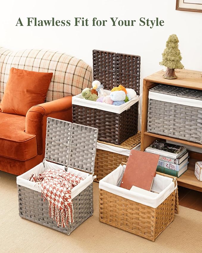 Storage Basket with Lid Woven Wicker Baskets with 2 Separate Lid, 9.2 Gallon (35 L) Wicker Storage Bins with Handles, Foldable and 2 Removable Liner Bags for Bedroom, Laundry Room Gray