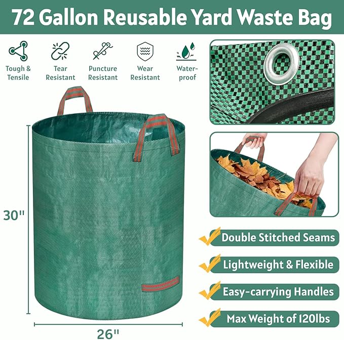 Garden Rake for Leaves with Leaf Bag & Gloves - 65 Inch Adjustable 25 Tines Metal Rake Set with 72 Gallon Reusable Yard Waste Bags for Gardening Lawns Outdoor Camping Shrub Grass Bush