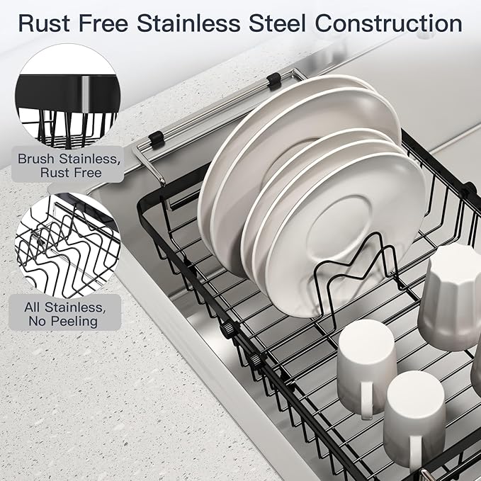 Small Expandable Over The Sink Dish Drying Rack Drainer In Stainless Steel Metal For Kitchen, Counter Space Saving Compact Above Plate Dryer Strainer, Adjustable Hanging Inside Sink Wire Drain Holder