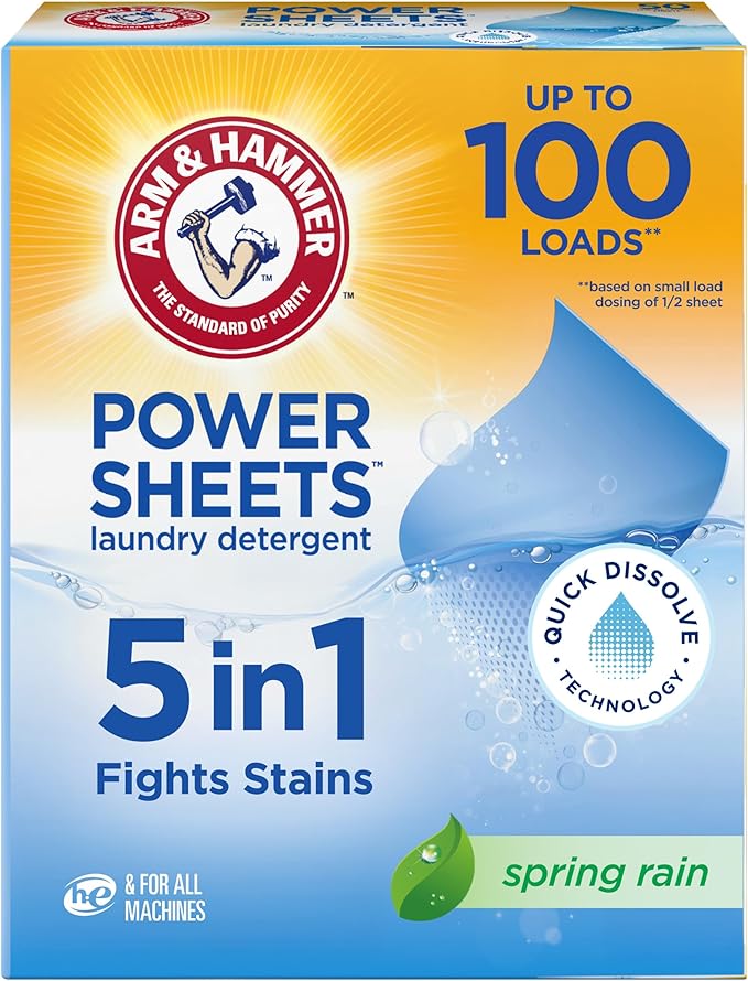 ARM & HAMMER 5-in-1 Power Sheets Laundry Detergent, Spring Rain, 50 Count, up to 100 Small Loads