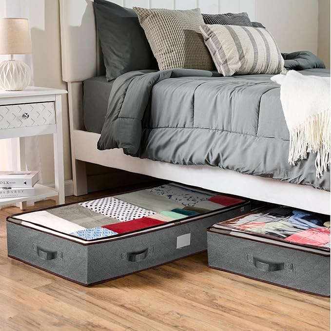 Under Bed Storage Bins - Pack Of 8 Under The Bed Storage Containers For Clothes, Blankets, Winter Clothing, & Shoes - Underbed Storage Containers With Handles, Dual Zippers, & Clear Top