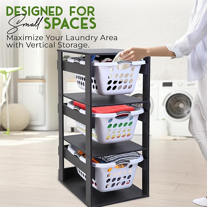 Laundry Basket Holder Shelf (3-Tier) - Stackable Engineered Wood Laundry Tower, Tiered Laundry Hamper Organizer for Bathroom, Bedroom, Laundry Room