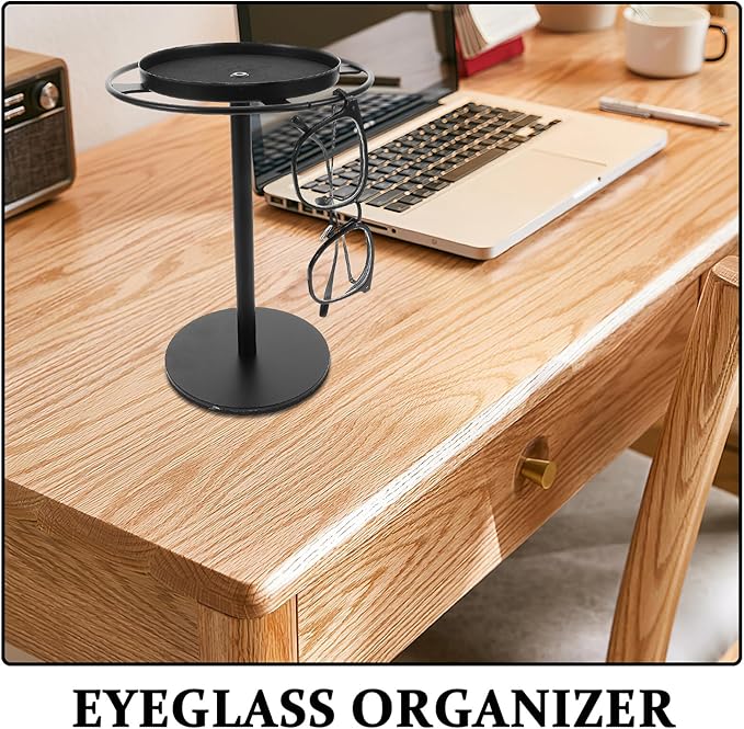Metal Eyeglass Organizer with Storage Tray, Small Desktop Glasses Holder Stand for Sunglasses Display Rack, Black Metal Eyewear Storage Shelf for Home and Office