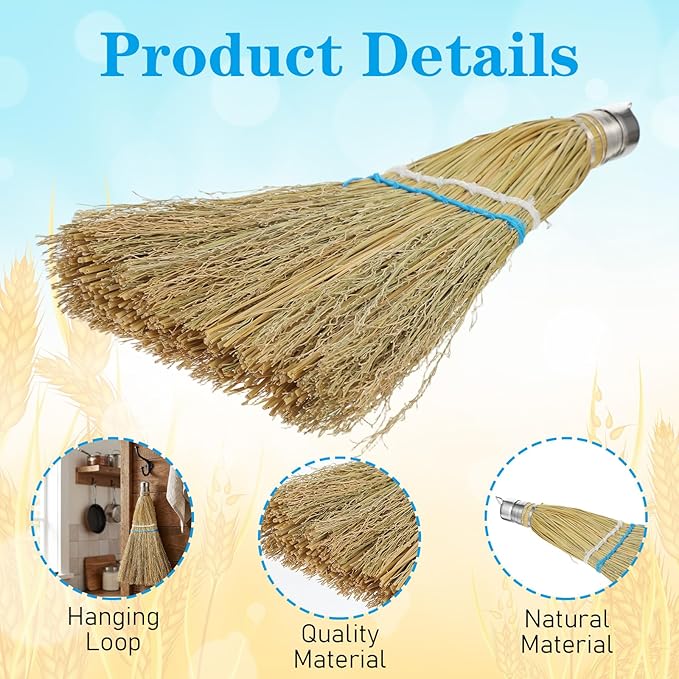 3 Pcs 12 Inch Whisk Broom Hand Held Handmade Mini Corn Broom Straw with a Solid Metal Hang Design for Multi Surface Sweeping Outdoor Car Porch Debris Dust Dirt Driveway Sidewalks Halloween