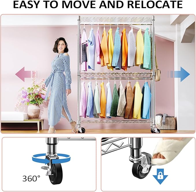 IZEUK Heavy Duty Rolling Garment Rack Wire Clothes Rack for Hanging Clothes (Chrome, 3 Tier with 2 Rod, 15.7" D x 45.3" W x 79.6" H)