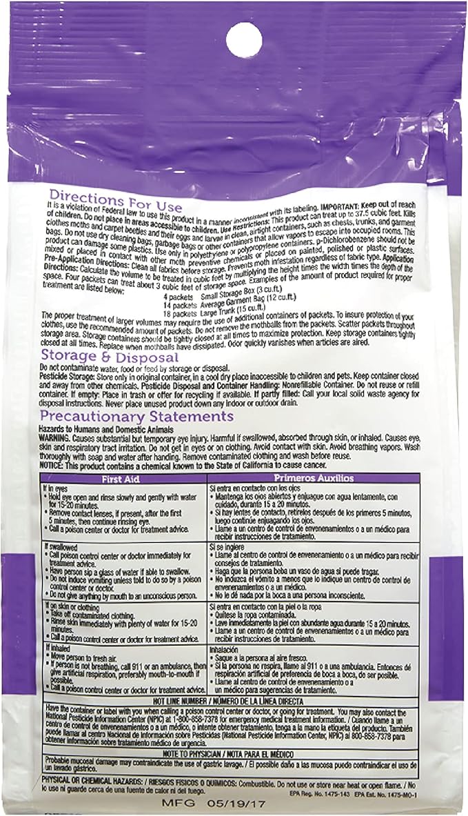 Enoz Lavender Scented Moth Ball Packets, Kills Clothes Moths, Carpet Beetles, Eggs and Larvae, 12 oz Resealable Bag