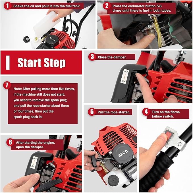 2-Stroke 52CC Mini Tiller Cultivator,Gasoline Power Garden Farmyard Tiller 1900W Soil Work Cultivator 6500rpm Yard Rototiller Tilling Tool for Ploughing, Furrowing, Tilling, Weeding