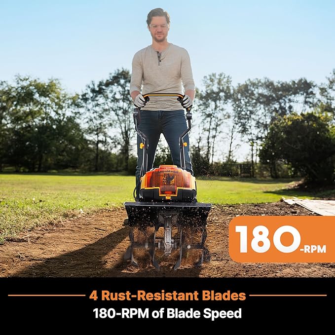 LawnMaster Brushless 48V MAX Cordless Tiller Cultivator with 2X MAX 24V 4.0ah Battery& 1x MX24V Dual Port Charger, 4X Blade, 14.5In Width & 9In Depth-CLTE4814