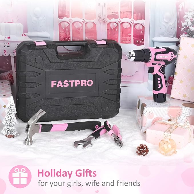 FASTPRO 160-Piece Pink Tool Set with 12V Cordless Lithium-ion Drill Driver, Lady's Home Repairing Tool Kit with Drill in Storage Case, For DIY, Home Maintenance