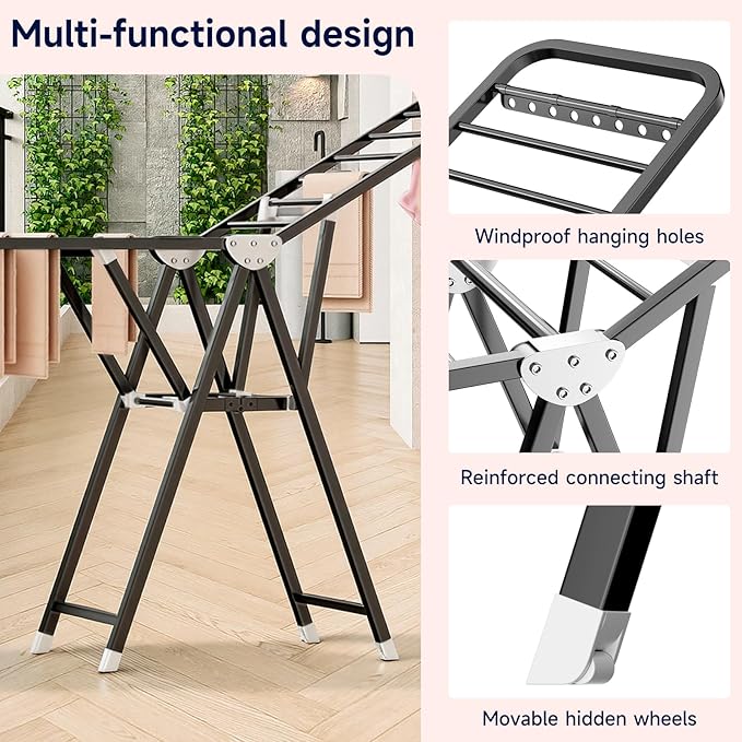 MIKEE Clothes Drying Rack,Foldable Laundry Drying Rack for Indoor & Outdoor Use，with Height-Adjustable Wings，2-Tier Clothes Rack with Windproof Hanging Holes and Wheels，132 lbs