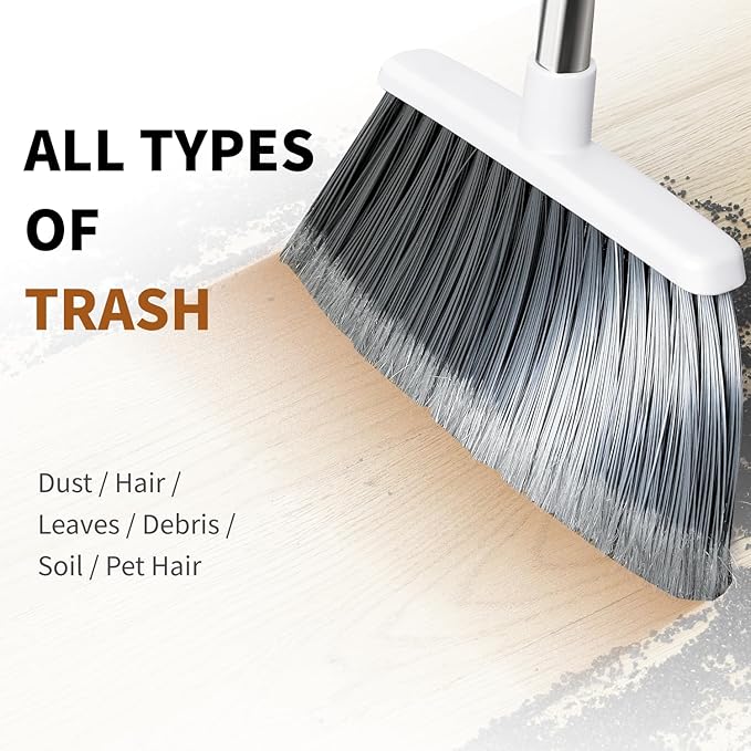 Broom, Outdoor Brooms for Sweeping Indoor, Adjustable 55" Pet Hair Removal Heavy Duty Broom for Floors Home Kitchen Garage Commercial Patio Industrial Snow (White)