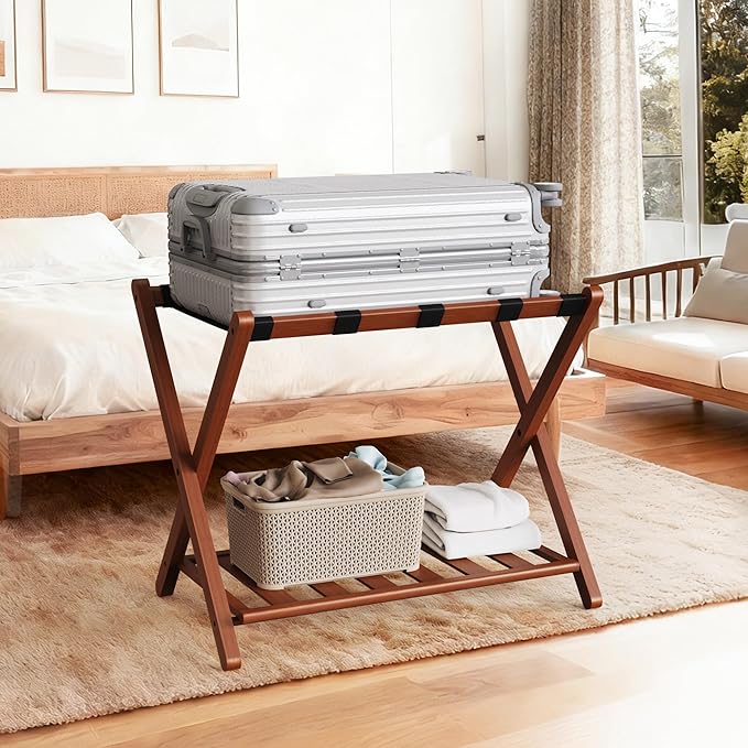 26.77"L Luggage Rack, Walnut Luggage Rack for Guest Room, Bamboo Folding Suitcase Stand with Storage Shelf, 5 Nylon Straps, Heavy Duty Luggage Holder for Bedroom Hotel, 1 Pack, Gift Box Packaging