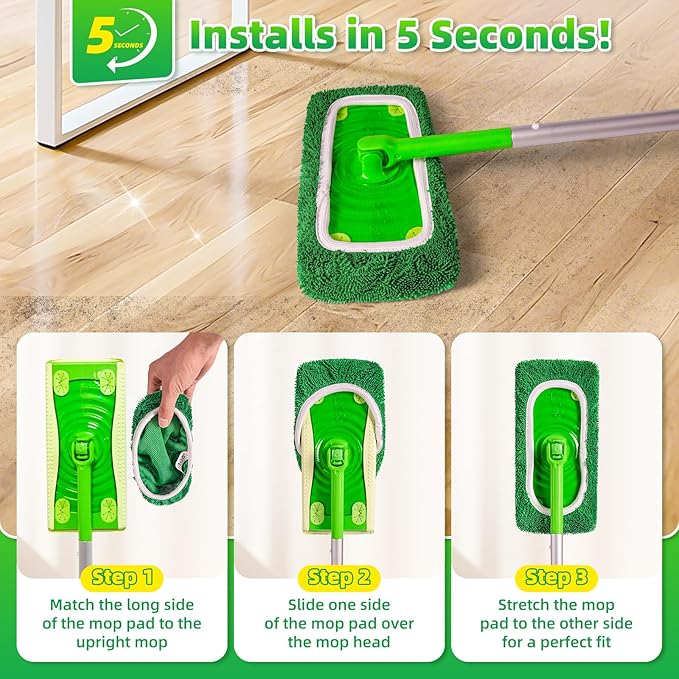 Reusable Microfiber Mop Pads Compatible with Swiffer Sweeper Mop - Heavy Duty Wet Pads Refill & Washable Wet Cloths for Multi-Surface Floor Mopping - Stubborn Stains Removal (Forest Green ）