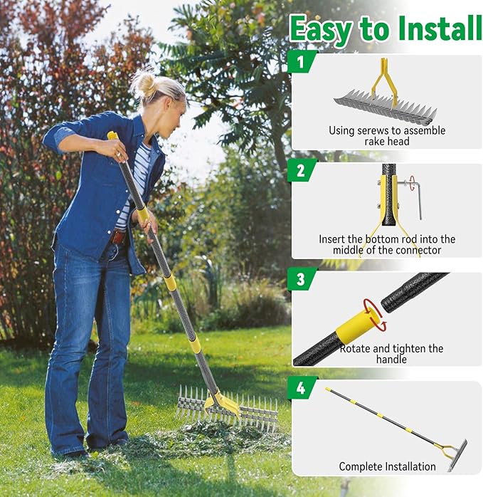 Thatch Rake,57 inch Thatching Rake for Lawn Stainless Steel Metal Dethatcher Rakes with Sheath,Heavy Duty Weed Rakes for Cleaning Dead Grass,Yard,Garden,Leaves,Loosening Soil