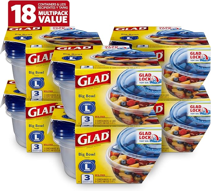Glad GladWare Big Bowl Food Storage Containers with Lids, Large Round No BPA Plastic Containers for Soups, Salads, and Meal Prep, Lock Tight Seal, Microwave Dishwasher Safe, 48 Oz, 3 Count - 6 Pack