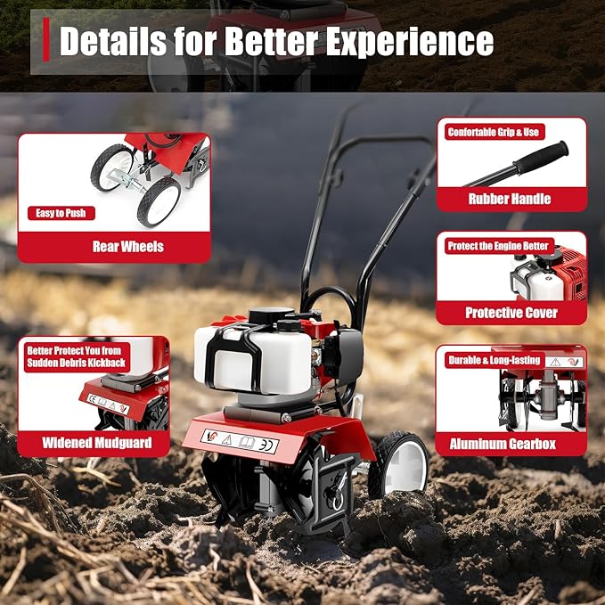 Mini Tiller Cultivator, Powerful 52cc Two-Stroke Single-Cylinder Gasoline Engine, Gear Drive Transmission, Height Adjustable Wheels, for Gardening RED