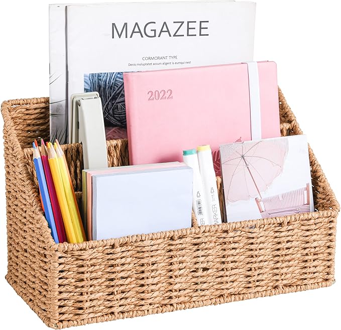 Woven Mail Organizer Countertop, 12 Inch Mail Organizer Basket for Bill and Pen, Farmhouse Desk organizers and storage