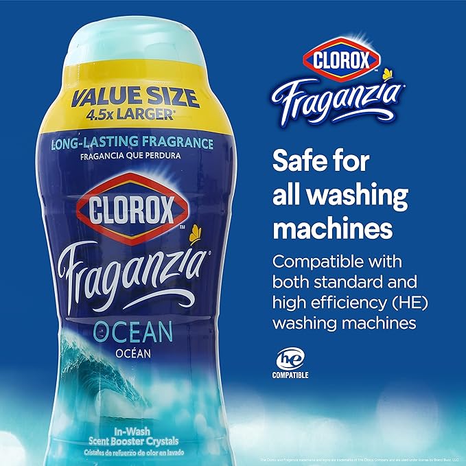 Clorox Fraganzia Laundry Scent Booster Crystals, In-Wash Fragrance Beads for Fresh-Smelling Clothes & Linens, Safe for All Fabrics & Colors, Easy-Pour Bottle, Ocean Scent, 70 Oz
