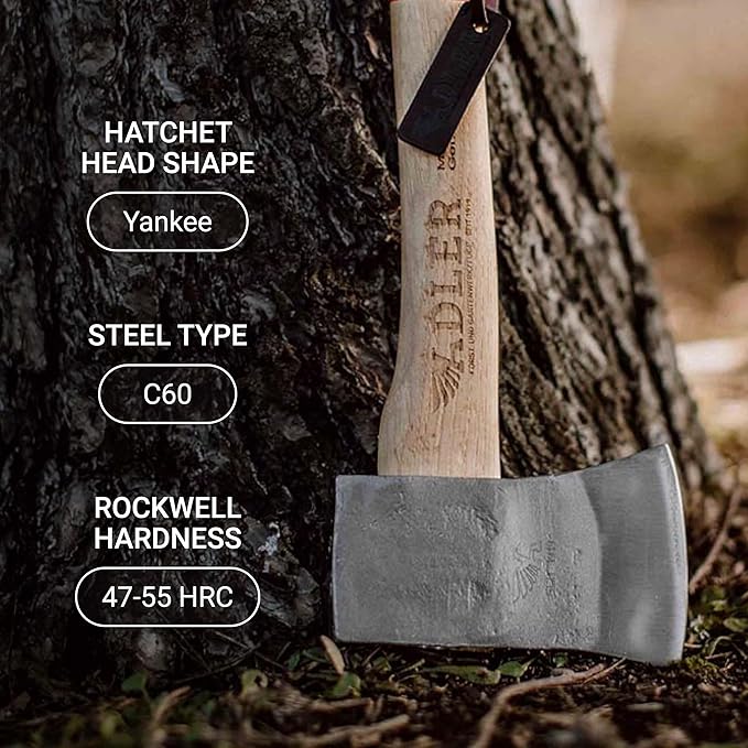 Adler Yankee Hatchet - German made with a 15 inch handle coated in anti-slip black grip paint - 1.5 pound head weight. Spanish leather sheath and cotton storage bag included