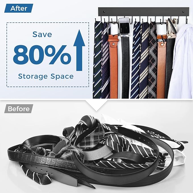 Belt Hanger Wall Mounted, Wooden Belt Organizer 2 Pack Max 24 Storage Capacity, 180° Rotating Space Saving Hangers for Ties, Tank Tops, Scarves, Bras, Keys, Bags Halloween Black