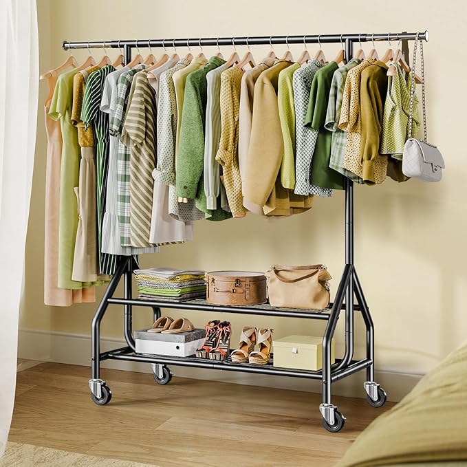 Holiwei Clothes Rack with 2 Shelves, Heavy Duty Garment Rack Load 450 LBS, Standing Rolling Metal Hanging Clothes with Sturdy Wheels & Shelves