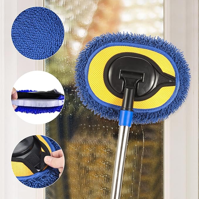 Wall Cleaner, Max 66'' Wall Mop with Long Handle, Ceiling Dust Mop with 15° Labor-Saving Elbow Extension Pole, Baseboard Duster Washer Scrubber, High Reach Window Cleaning Brush, Roof Cleaning Tool-BU
