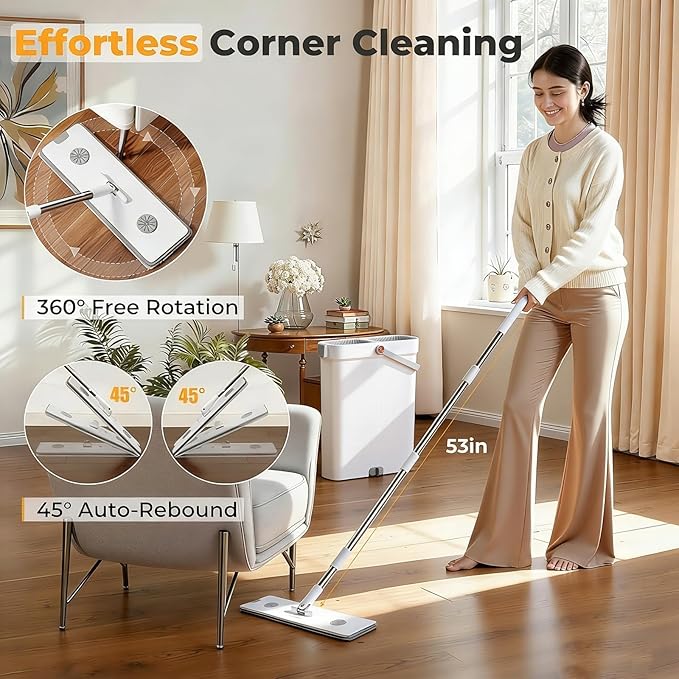 Spreezy Mop and Bucket Set, Hands-Free Flat Mop System with Wringer, Wet and Dry Using, Separate Wash & Wring Zone, Household, 4 Reusable Microfiber Pads for Floor Cleaning, Fits into Narrow Spaces