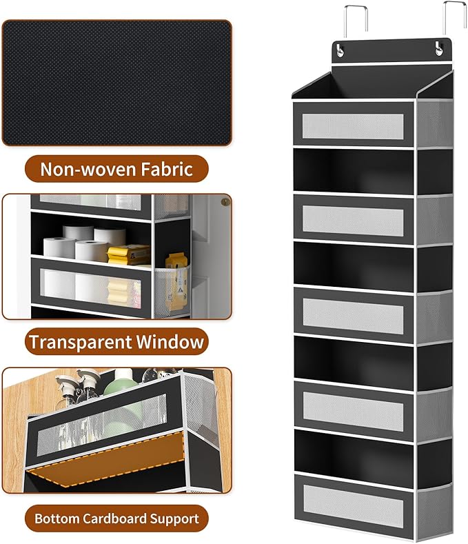Over The Door Organizer with 5 Large Pockets, Over the Door Storage 10 Side Pockets 44 lb Load Behind Door Storage, Door Organizer Hanging Shelf for Closet Wall Bedroom Bathroom Nursery, 5-Tier Black