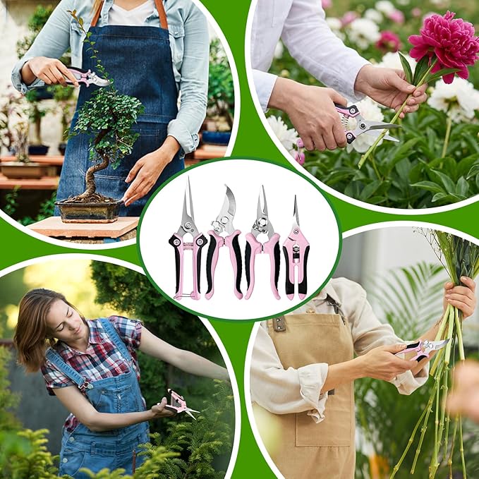 4 Pack Garden Pruning Shears, Stainless Steel Garden Shears, Gardening Shears, Garden Scissors, Clippers, Pruning Snips, Pruning Shears for Gardening Tools (Pink)