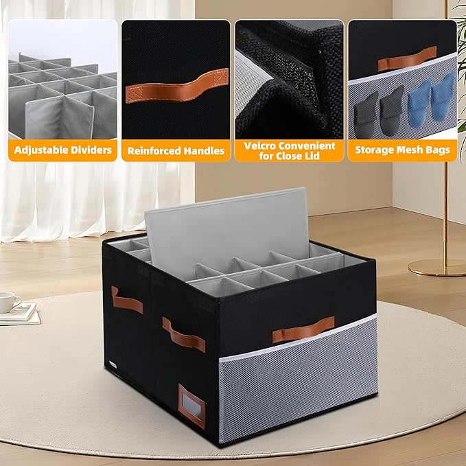 Supowin Shoe Organizer for Closet, Foldable Shoe Storage Bins with Lid & Adjustable Dividers, Fabric Shoe Box Storage Containers with Four Reinforced Handles, Fits 20 Pairs, 1 Pack, Black