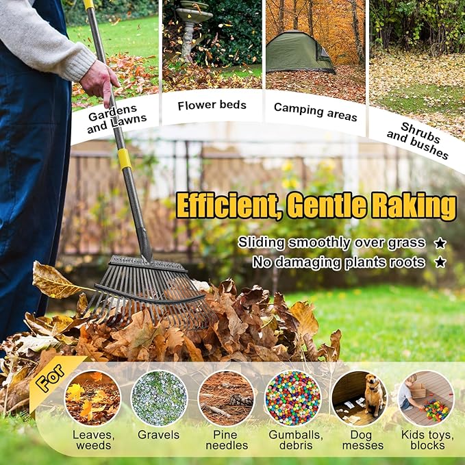 Rake for Leaves: Heavy Duty Metal Leaf Rake with 25 Tines- 18" Wide Head, 79" Splicing Handle, Durable Steel Yard Lawn, Garden,Camping Clean Gardening Tools for Thatch Grass Leaves Gravels Mulch