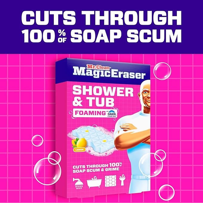 Mr. Clean Magic Eraser Sponge, Bathroom, Shower, Tub Cleaner, Soap Scum Remover, Bathroom Cleaning Supplies, Dawn Cleaning Power with Lemon Scent, Shower & Tub, 6ct