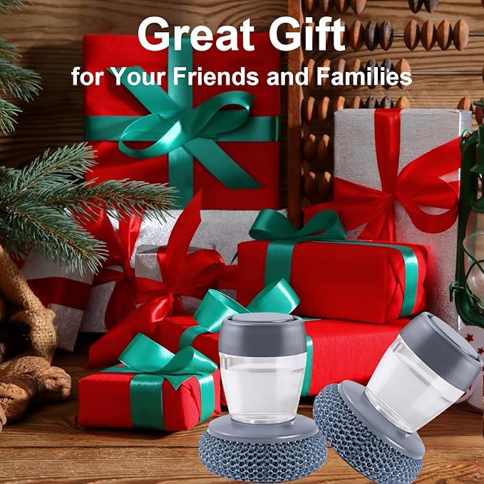 Dish Scrubber with Soap Dispenser, Steel Wool Scrubber with Replaceable Steel Wool, Transparent Cleaning Solution Reservoir, Cast Iron Cleaning Kit with Cast Iron Scraper for Cleaning Pans, Grills