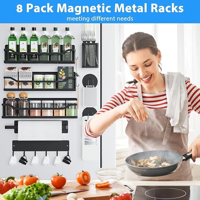 Multifunctional Magnetic Shelf for Washing Machine, Refrigerator, Microwave, and Any Metal Surface, Powerful Magnetic Shelves Include Magnetic Paper Towel Holder, Unique Hollow Design (8 pcs - Black)