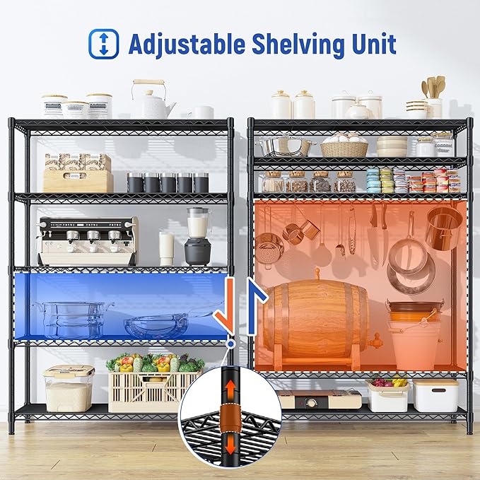 Romorgniz 5 Tier Storage Shelves 71"H Wire Shelving Adjustable Metal Shelving,1000LBS Pantry Shelves Sturdy Steel Wire Shelf for Kitchen Commercial Pantry Garage Warehouse ,71"H X35.5"W X13.8"D, Black