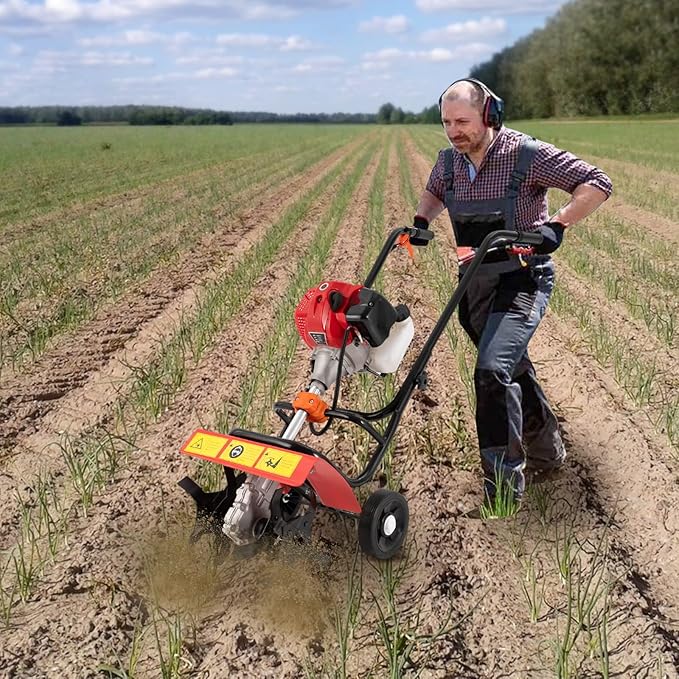 Rototiller Gas Powered, 52CC 2-Stroke Gas Tiller Gas Rototiller Gas Power Garden Tiller Cultivator Mini Gasoline Tiller Hand Push Rotary Cultivator Farmyard Rototiller for Sandy Land Loose