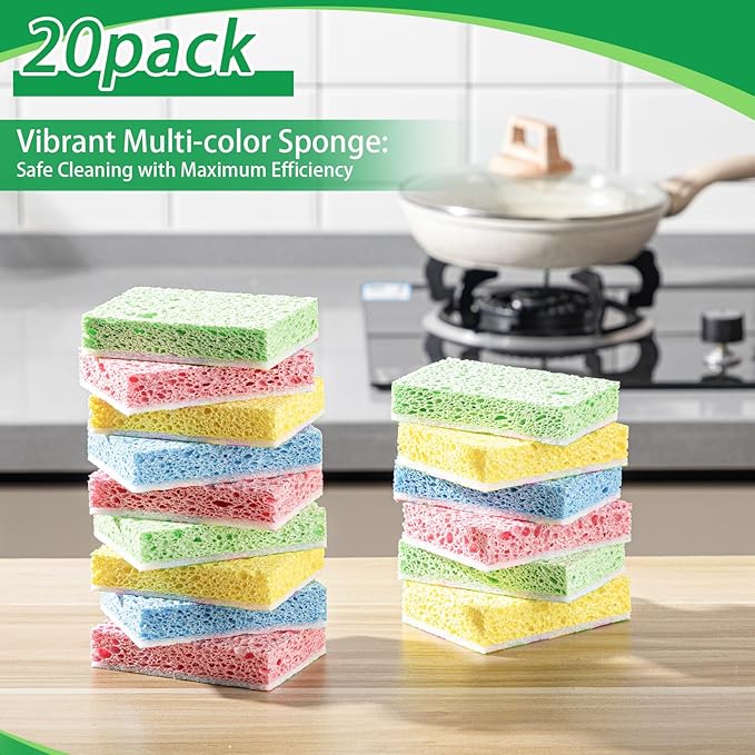 20 Pack Cleaning Scrub Colored Sponge Kitchen Sponges Colorful Non Scratch Dual Sided for Dishes, Pots, Pans, Multi Surface Household Cleaning
