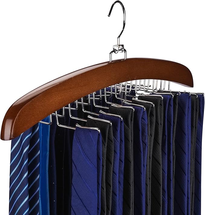 Tie Rack 2Pcs Tie Racks for Men Closet 24 Hooks, Wooden Tie Organizer with Upgraded 360°Rotating, Scarves Accessories Closet Organizer for Bras,Tank Tops,Camisoles etc.Walnut…
