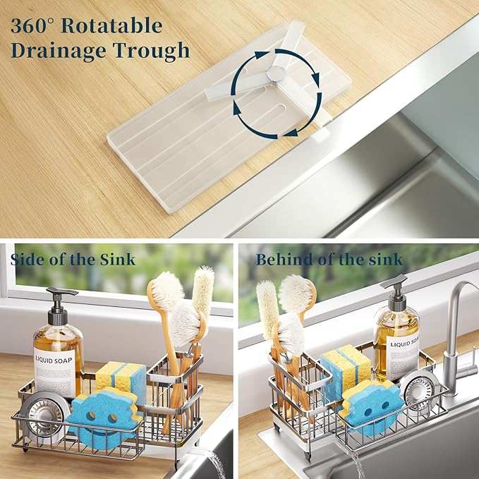 Consuemst Sponge Holder for Kitchen Sink - Auto Draining Sink Caddy Organizer with Detachable Rack, High Brush Holder, Kitchen Countertop Storage Accessories, Silver