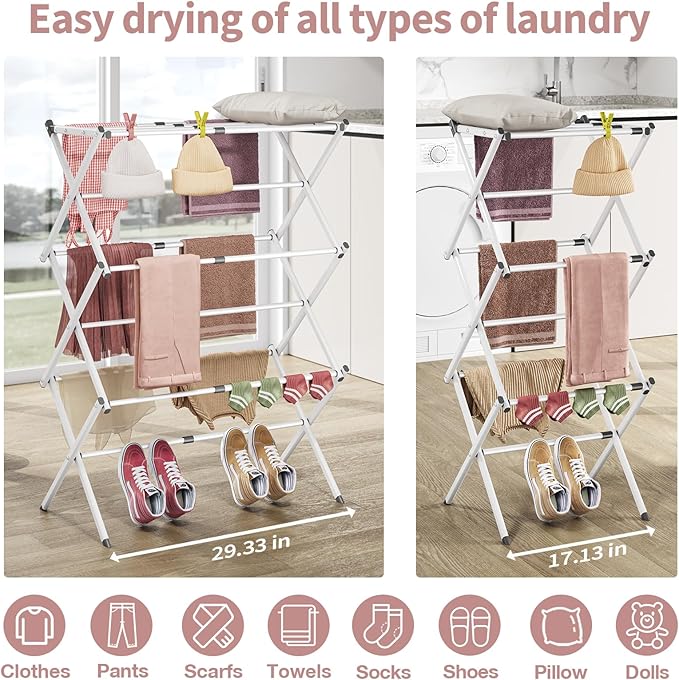 APEXCHASER Clothes Drying Rack Folding - 3 Tier Laundry Drying Rack for Clothes, Expandable Metal Clothing Dryer, Collapsible Towel Rack, Air Drying Rack, White