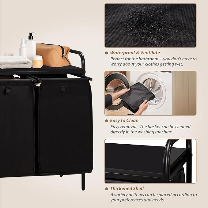 2 Section Laundry Hamper with Shelf, Laundry Basket Organizer with 2 Pull-Out Removable Bags 2×13.2Gal(49.9L), Laundry Sorter for Clothes Organization in Bedroom, Laundry Room, Black