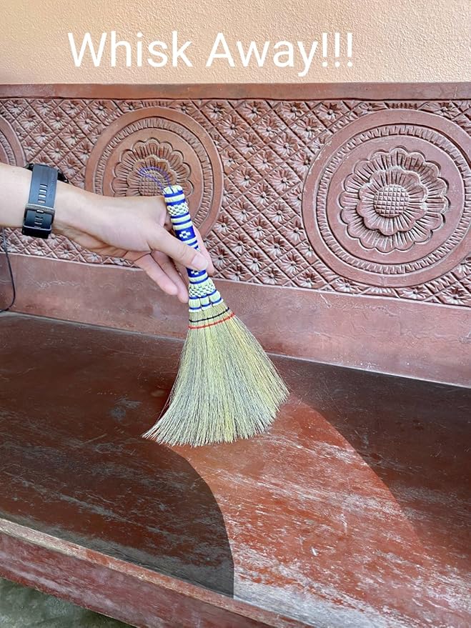 Small Corn Wisk Brush Broom 11 Inch Blue, Red Flagged Indoor Heavy Duty Multi Surface Hard & Soft Floor 100% Handmade(Blue), AW038-AW0038, length 11 Inch, wide 4.5 inch,