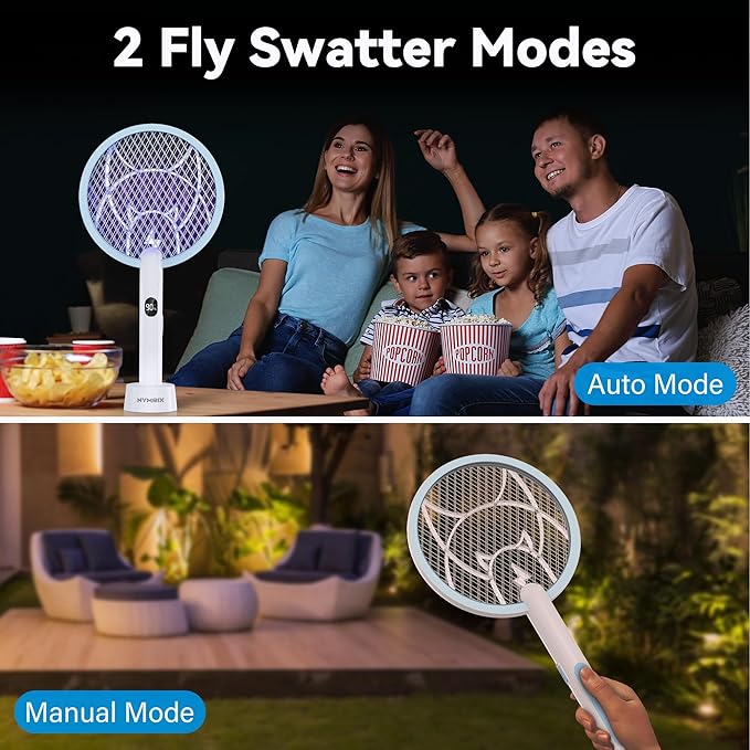 Electric Fly Swatter Racket, 2 in 1 Mosquito Bug Zapper 4100V Handheld Mosquito Killer with 1800 mAh Rechargeable Battery, Purple Light and 3-Layer Safety Mesh for Indoor Outdoor Blue