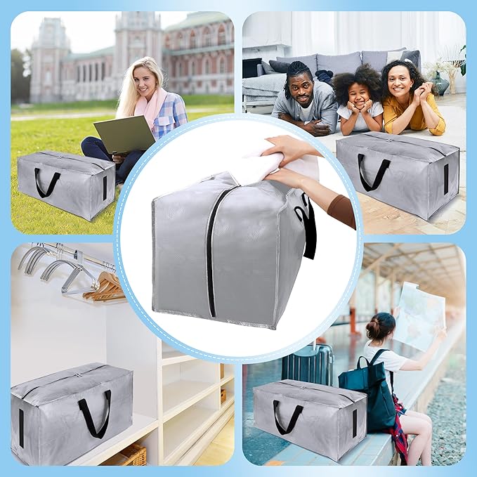 HOMESURE 4 Pack Large Strong Bags with Zippers & Carrying Handles - Water-Resistant - Heavy Duty Storage Tote for Space Saving Storage, Fold Flat, Alternative to Moving Box (Silver)
