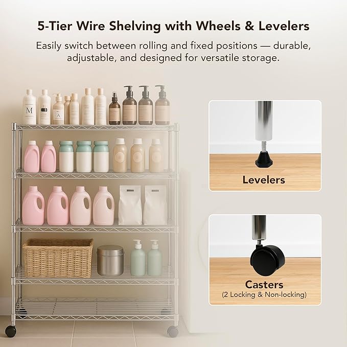 Displays By Jack 5 Tier Heavy Duty Wire Shelving Unit Storage Rack for Products Plant Pantry, Garage, Laundry Racks Durable Shelf Organizer Shelves Stand 14" W x 30" L x 60" H, Chrome