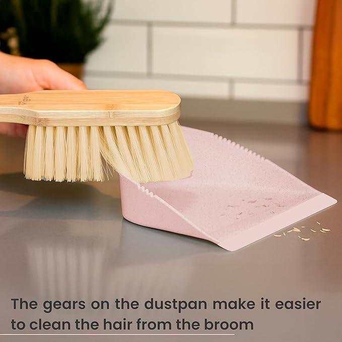 Vigar Zeroline Mini Bamboo Broom with Dustpan Combo Set, Small Dust Pan and Brush Set for Dust, Pet Hair, Car, and Crumb, House, Kitchen Broom, Pink