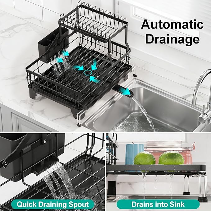 iSPECLE 2 Tier Dish Drying Rack for Kitchen Counter, Expandable Large Dish Drainer with Drainboard Set, Rust Resistant Dish Rack with Utensil & Cup Holder, 16.9" W x 14.4"-22.4" L, Black